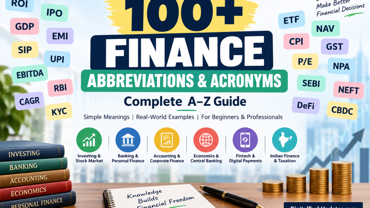 100+ finance abbreviations and acronyms guide covering investing, banking, accounting, economics, fintech, and Indian finance terms