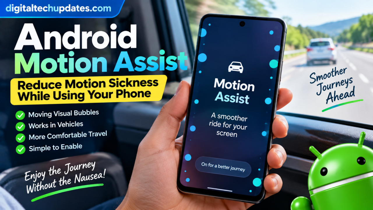 Android Motion Assist feature showing moving bubbles to reduce motion sickness