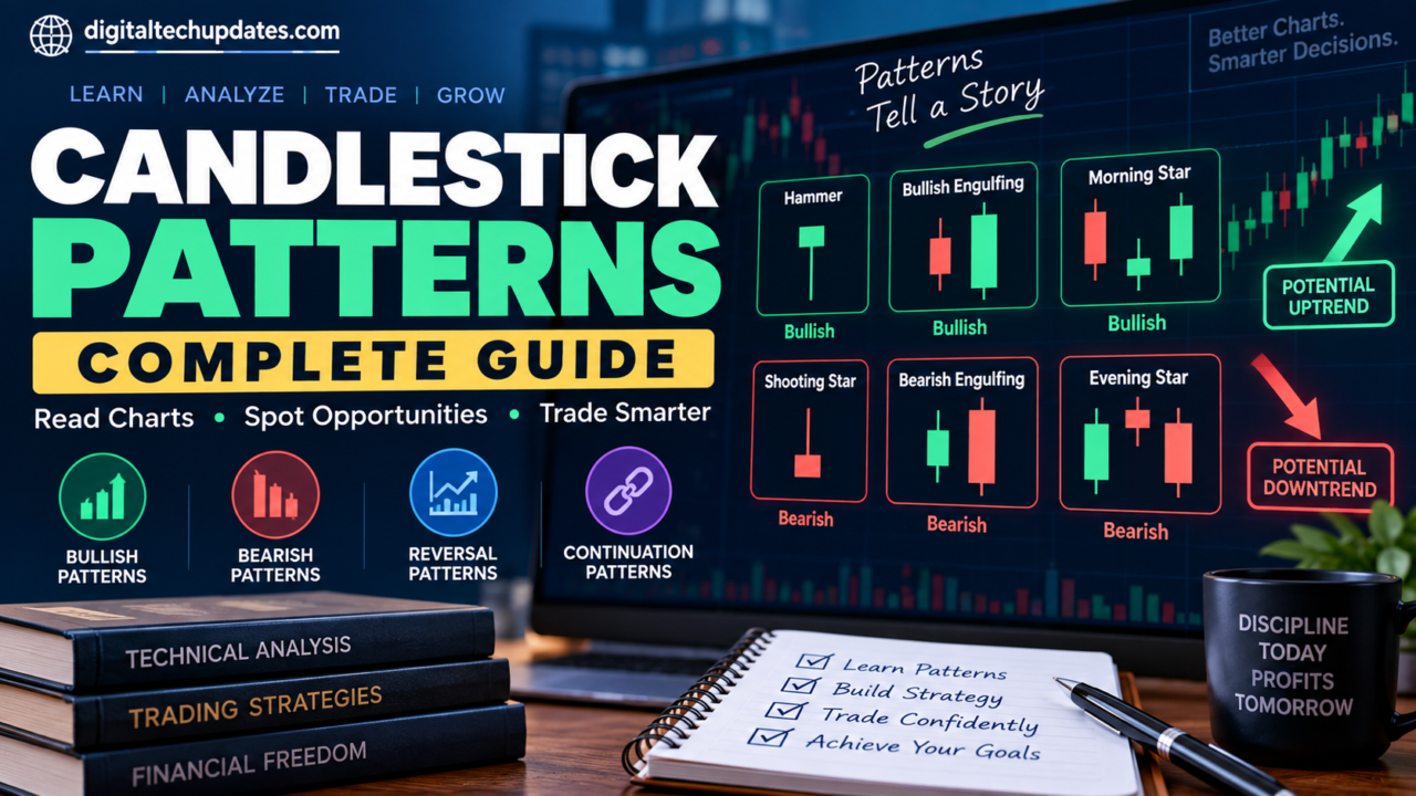 Candlestick patterns guide showing bullish, bearish, reversal, and continuation trading patterns