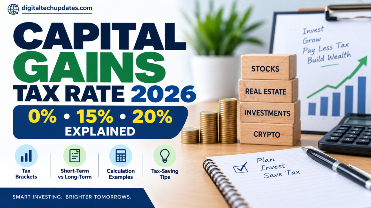 Capital gains tax rate 2026 showing 0%, 15%, and 20% investment tax rates