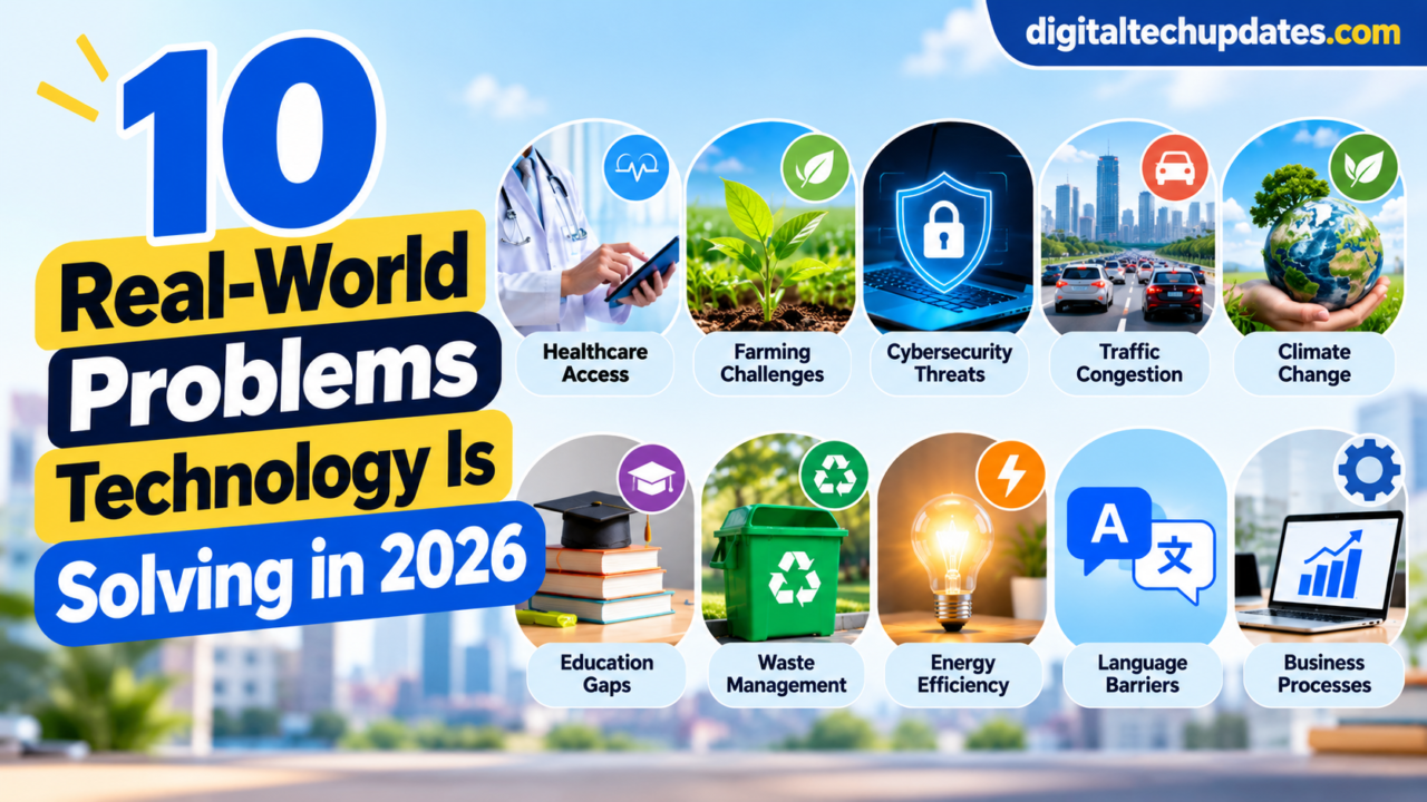 10 real-world problems technology is solving in 2026, including healthcare, farming, cybersecurity, traffic, climate change, education, and energy efficiency.