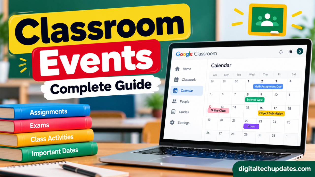Classroom events guide showing Google Classroom calendar, assignments, exams, and important dates on a laptop