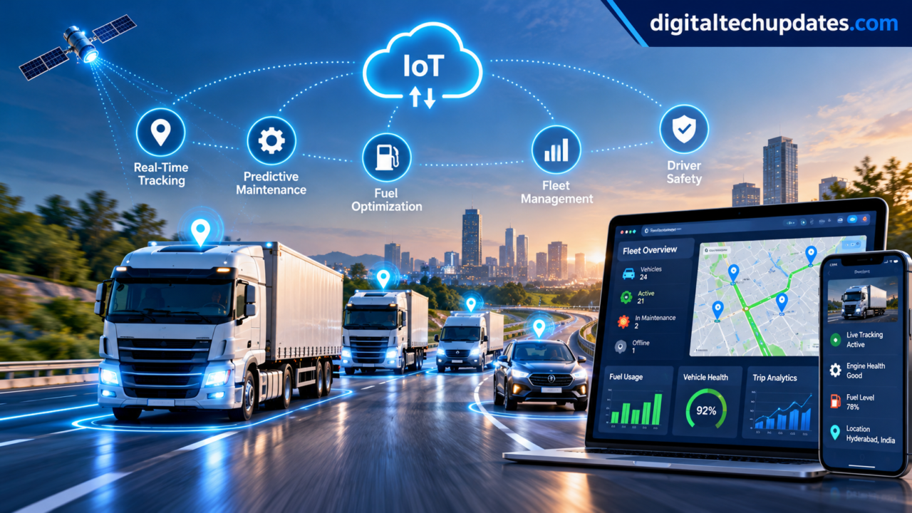 Connected vehicles technology using IoT for real-time vehicle monitoring and smart fleet management.