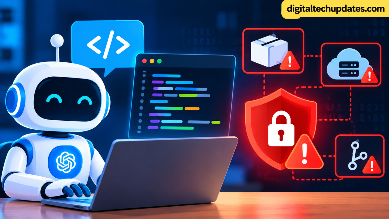 AI coding assistants and software supply-chain security risks with code, security shield, and warning icons.