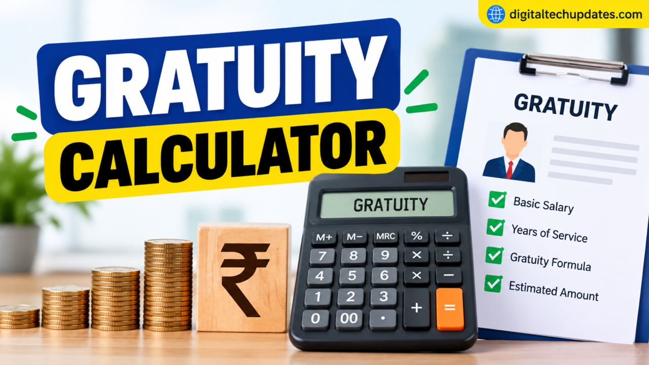 Gratuity Calculator India with salary, years of service, gratuity formula, and estimated amount – DigitalTechUpdates.com