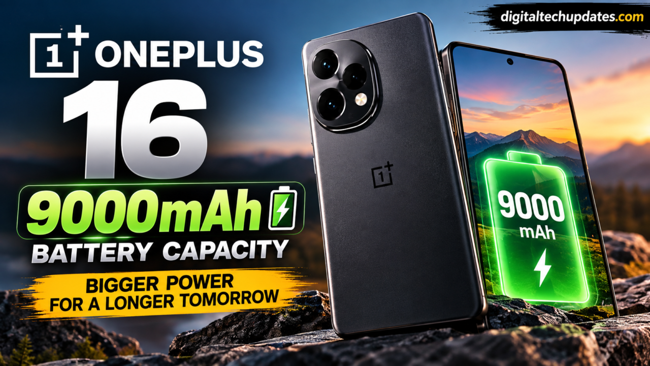 OnePlus 16 9000mAh battery capacity with large battery graphic and smartphone