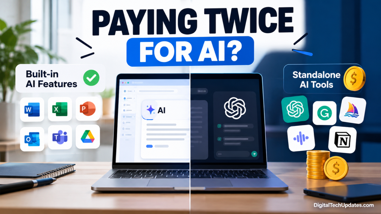 AI in the workplace comparing built-in AI features with paid standalone AI tools.