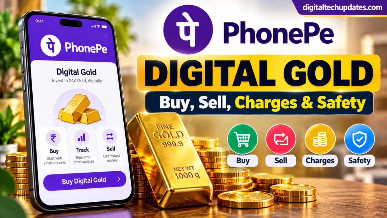 PhonePe Digital Gold guide showing how to buy, sell, charges, GST and safety