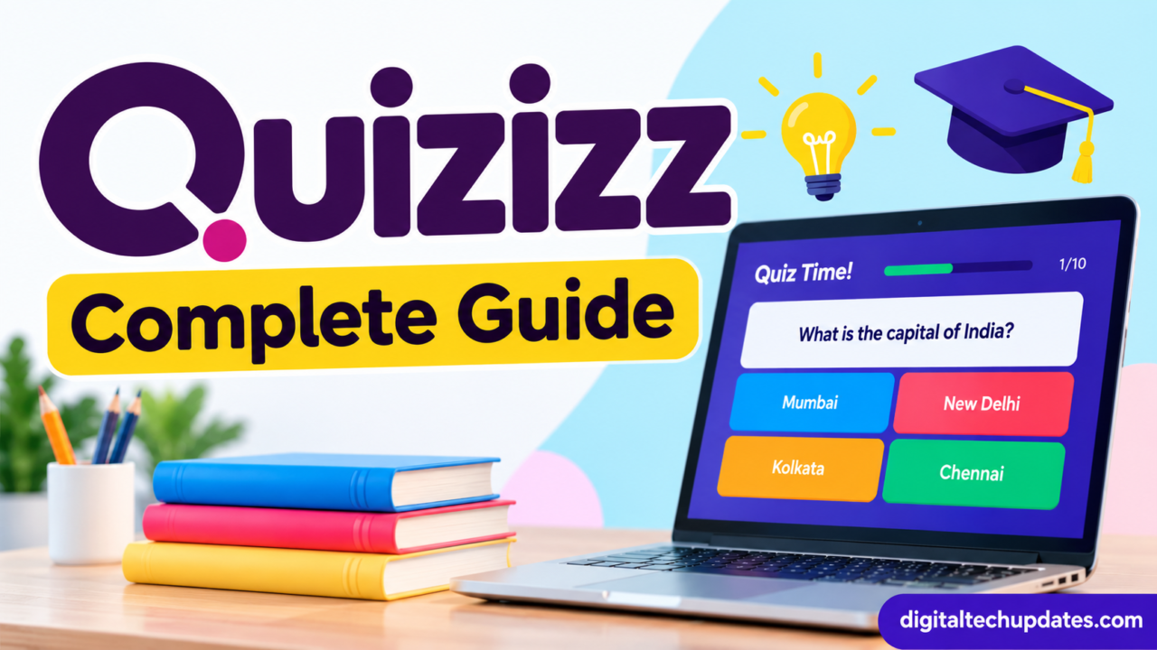 Quizizz complete guide featuring an interactive online quiz on a laptop