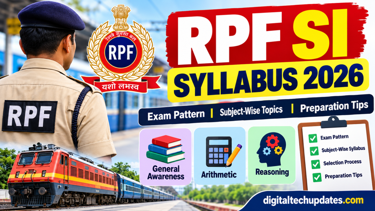 RPF SI Syllabus 2026 featured image showing exam pattern, General Awareness, Arithmetic, Reasoning, selection process and preparation tips.