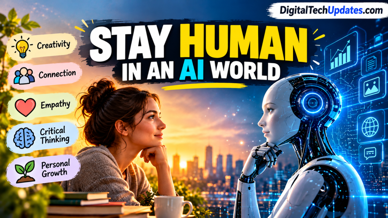 Stay human in an AI world by balancing artificial intelligence with creativity, empathy, critical thinking, and human connection.
