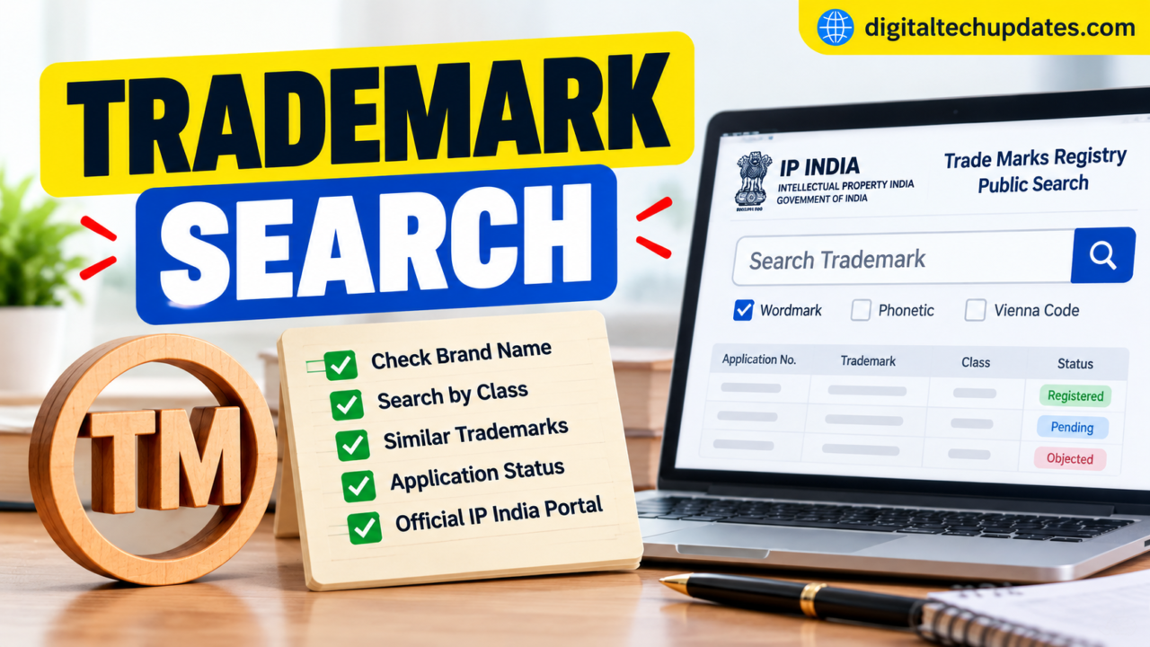 Trademark search in India using the IP India public search portal to check brand names, similar trademarks, trademark classes, and application status.