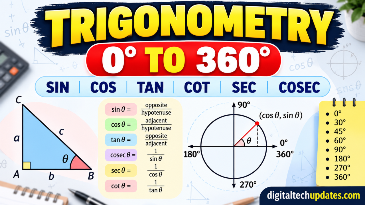 Trigonometry table 0 to 360 degrees with sin cos tan values