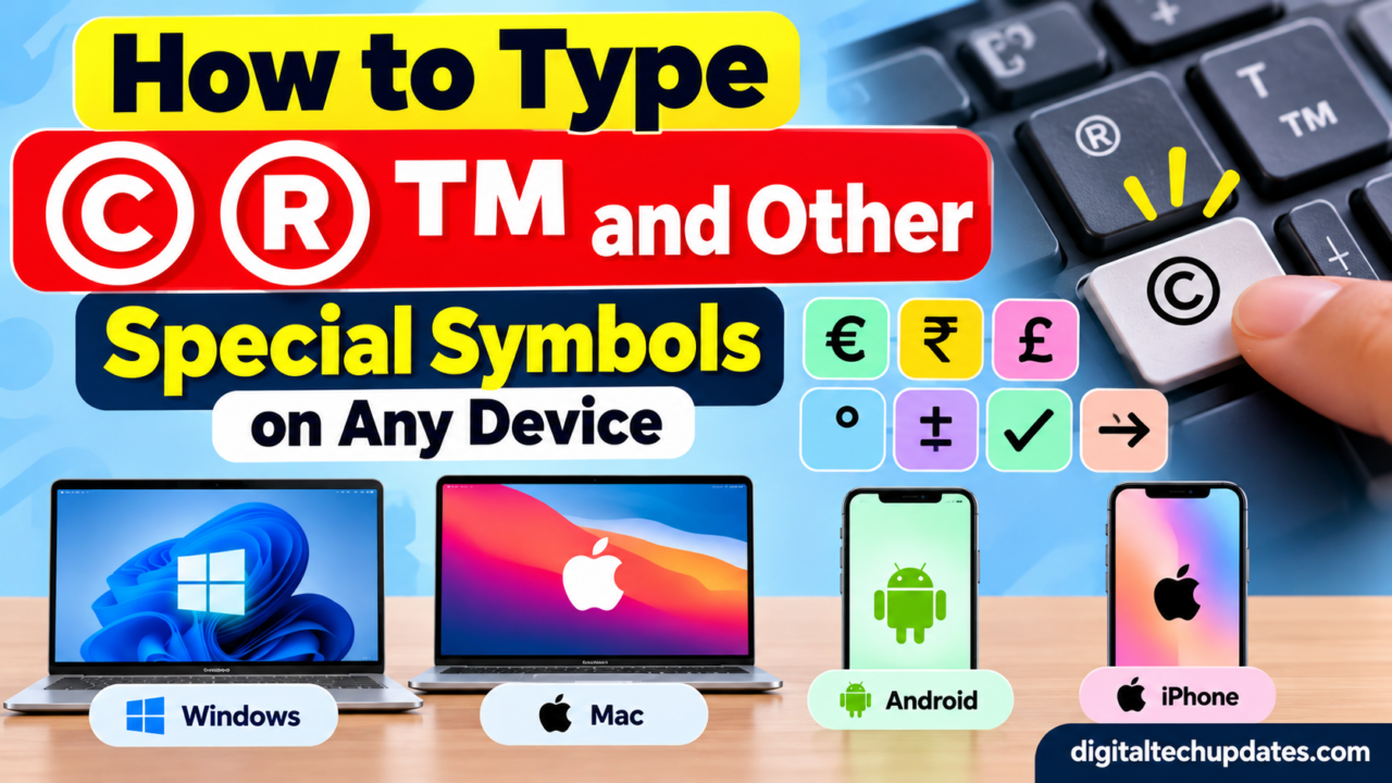 How to type ©, ®, ™ and other special symbols on Windows, Mac, Android, and iPhone keyboards.
