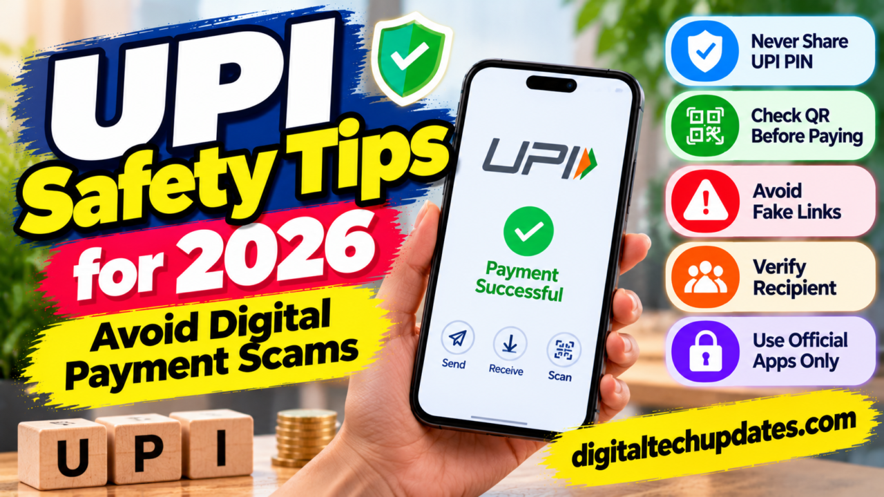 UPI safety tips for 2026 featuring a smartphone payment screen, security shield, and reminders to protect UPI PINs, verify recipients, and avoid fake links.