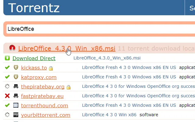 Torrentz meta-search engine highlighting software torrents and legal alternatives