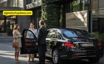 Luxury car with chauffeur picking up UK tourist at Swiss airport