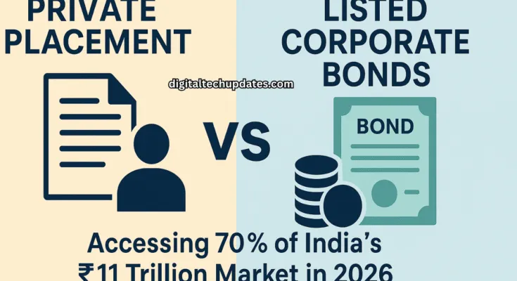 Infographic comparing Private Placement and Listed Corporate Bonds with visuals showing access to 70% of India’s ₹11 trillion market in 2026.