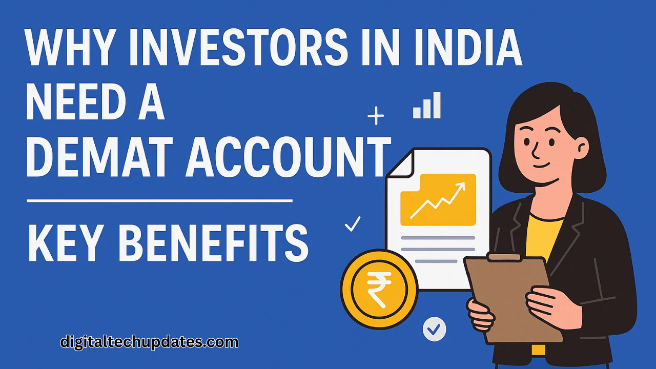 Illustration showing Demat account benefits with investor, rupee coin, and growth chart