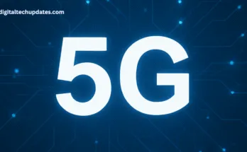 5G digital network technology concept with glowing circuit lines on blue background