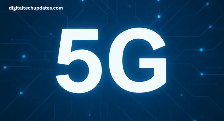 5G digital network technology concept with glowing circuit lines on blue background