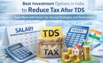 Best investment options in India to reduce tax after TDS on salary with calculator, TDS note, tax bag, coins, and financial planning concept