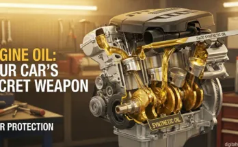 Cutaway view of a car engine showing synthetic oil lubrication, with text 'ENGINE OIL: YOUR CAR'S SECRET WEAPON - WEAR PROTECTION' and 'digitaltechupdates.com' in the corner.