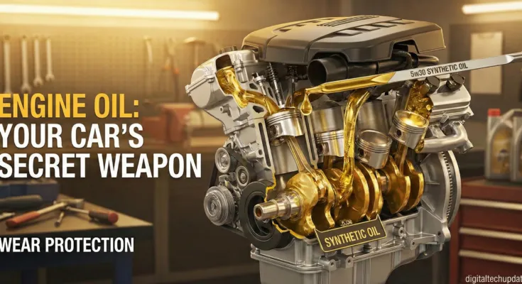 Cutaway view of a car engine showing synthetic oil lubrication, with text 'ENGINE OIL: YOUR CAR'S SECRET WEAPON - WEAR PROTECTION' and 'digitaltechupdates.com' in the corner.