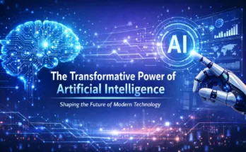 Artificial Intelligence transforming modern technology with digital brain and futuristic interface