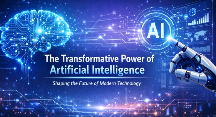 Artificial Intelligence transforming modern technology with digital brain and futuristic interface