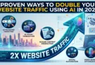 A digital infographic displaying 5 proven ways to double website traffic using AI in 2026. It features a large upward growth arrow and specific icons for AI keyword targeting, AI visual generation, scaled content production, social automation, and voice search optimization.