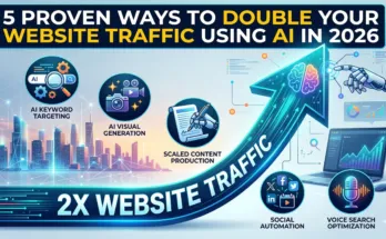 A digital infographic displaying 5 proven ways to double website traffic using AI in 2026. It features a large upward growth arrow and specific icons for AI keyword targeting, AI visual generation, scaled content production, social automation, and voice search optimization.