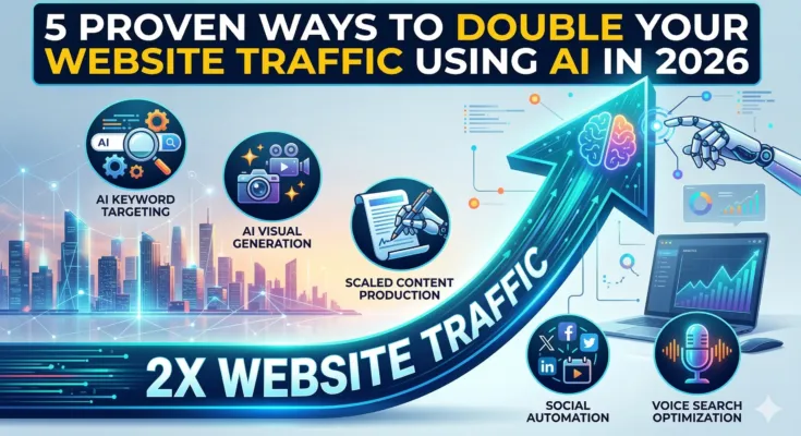 A digital infographic displaying 5 proven ways to double website traffic using AI in 2026. It features a large upward growth arrow and specific icons for AI keyword targeting, AI visual generation, scaled content production, social automation, and voice search optimization.