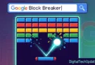 Google Block Breaker gameplay illustration showing a pixel-art paddle hitting a ball into colorful bricks under a Google search bar.