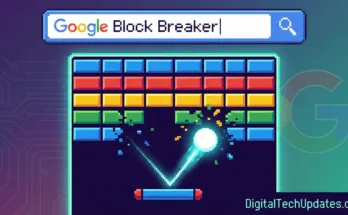 Google Block Breaker gameplay illustration showing a pixel-art paddle hitting a ball into colorful bricks under a Google search bar.