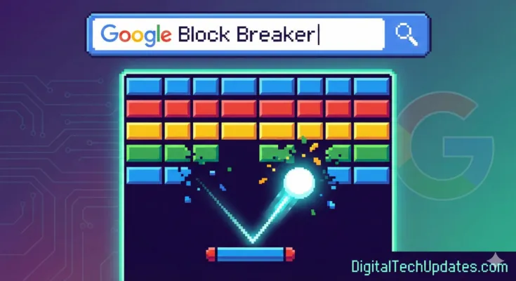 Google Block Breaker gameplay illustration showing a pixel-art paddle hitting a ball into colorful bricks under a Google search bar.