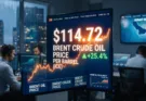 A digital display in a financial trading room showing the live Brent crude oil price surging to $114.72 per barrel, highlighting today's crude oil market volatility.