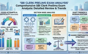 Detailed infographic summarizing the SBI Clerk Prelims Exam Analysis. It features a gauge for easy-to-moderate difficulty and good attempts (72-82), bar charts for section-wise attempts (Reasoning: 26-29, Numerical: 24-27, English: 22-26), a section-wise breakdown of topics and question counts for Reasoning, Numerical, and English, a comparison of Shifts 1-4 by difficulty and type, an illustration of normalization and adjusted scores, and a graphic for 'Mains Preparation Strategy' with a four-step guide. The title is 'SBI Clerk Prelims Exam Analysis: Detailed Review & Trends'.