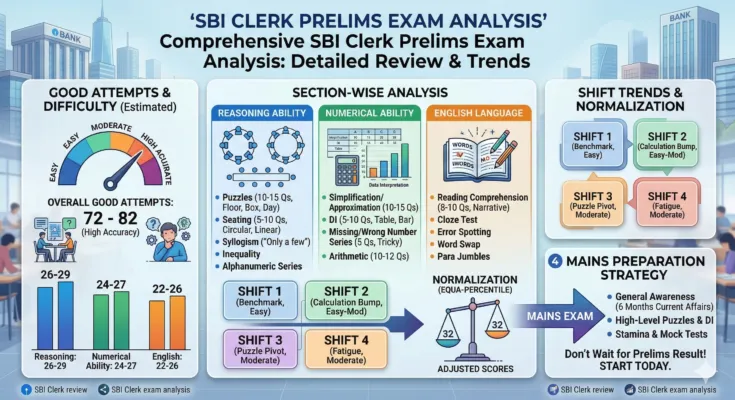 Detailed infographic summarizing the SBI Clerk Prelims Exam Analysis. It features a gauge for easy-to-moderate difficulty and good attempts (72-82), bar charts for section-wise attempts (Reasoning: 26-29, Numerical: 24-27, English: 22-26), a section-wise breakdown of topics and question counts for Reasoning, Numerical, and English, a comparison of Shifts 1-4 by difficulty and type, an illustration of normalization and adjusted scores, and a graphic for 'Mains Preparation Strategy' with a four-step guide. The title is 'SBI Clerk Prelims Exam Analysis: Detailed Review & Trends'.