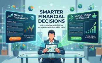 A professional illustration showing a person analyzing a tablet with two futuristic calculator screens floating above them. The left screen is a 