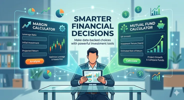 A professional illustration showing a person analyzing a tablet with two futuristic calculator screens floating above them. The left screen is a 