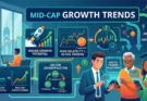 An infographic illustrating how 'MID-CAP GROWTH TRENDS' drive retail participation in digital trading. It visualizes three key drivers: 'HIGHER GROWTH POTENTIAL' (rocket icon), 'HIGH VOLATILITY = ACTIVE TRADING' (candlestick charts and engagement symbol), and 'SECTOR DIVERSIFICATION' (EV components, AI hardware, Green Hydrogen). A comparison box contrasts 'LARGE-CAP (STABLE & SLOW)' with 'MID-CAP (GROWTH ENGINE)'. A group of diverse investors actively use 'DIGITAL TRADING PLATFORM' interfaces on their smartphones.