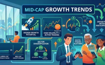 An infographic illustrating how 'MID-CAP GROWTH TRENDS' drive retail participation in digital trading. It visualizes three key drivers: 'HIGHER GROWTH POTENTIAL' (rocket icon), 'HIGH VOLATILITY = ACTIVE TRADING' (candlestick charts and engagement symbol), and 'SECTOR DIVERSIFICATION' (EV components, AI hardware, Green Hydrogen). A comparison box contrasts 'LARGE-CAP (STABLE & SLOW)' with 'MID-CAP (GROWTH ENGINE)'. A group of diverse investors actively use 'DIGITAL TRADING PLATFORM' interfaces on their smartphones.