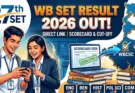 An informative promotional graphic announcing 'WB SET Result 2026 OUT!'. The image features text highlighting 'DIRECT LINK | SCORECARD & CUT-OFF', with icons for '27th SET' and 'WBCSC'. Visuals include two joyful students with a smartphone, a laptop displaying a 'QUALIFIED' scorecard stamp, and a map of West Bengal with a checkmark. Stacks of academic books and a banner of subjects like ENG, BEN, HIST are included.