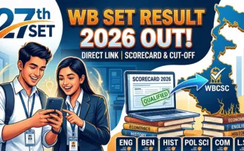 An informative promotional graphic announcing 'WB SET Result 2026 OUT!'. The image features text highlighting 'DIRECT LINK | SCORECARD & CUT-OFF', with icons for '27th SET' and 'WBCSC'. Visuals include two joyful students with a smartphone, a laptop displaying a 'QUALIFIED' scorecard stamp, and a map of West Bengal with a checkmark. Stacks of academic books and a banner of subjects like ENG, BEN, HIST are included.
