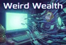 Weird Wealth illustration showing digital money flowing from a computer screen, surrounded by niche collectibles like trading cards, a vintage diving helmet, and a robotic hand.
