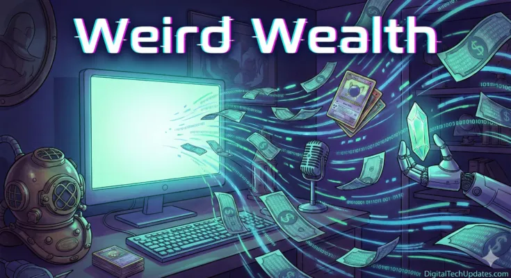 Weird Wealth illustration showing digital money flowing from a computer screen, surrounded by niche collectibles like trading cards, a vintage diving helmet, and a robotic hand.
