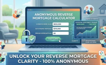 An online anonymous reverse mortgage calculator interface showing home equity estimates and privacy icons for financial clarity.