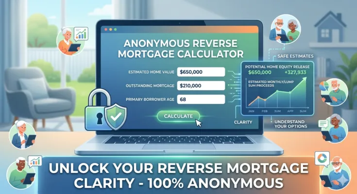 An online anonymous reverse mortgage calculator interface showing home equity estimates and privacy icons for financial clarity.