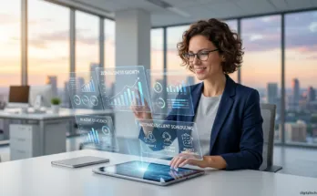 A business professional in a modern office interacting with holographic data displays showing 2026 growth metrics and AI agent efficiency, with a digitaltechupdates.com watermark in the corner.